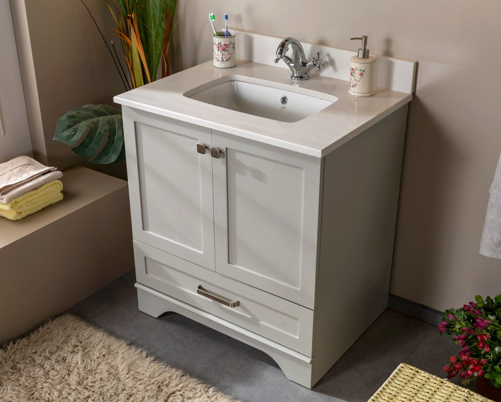 Livia Collection 30" Bath Vanity Quartz Top and Ceramic Sink, Grey, 30"