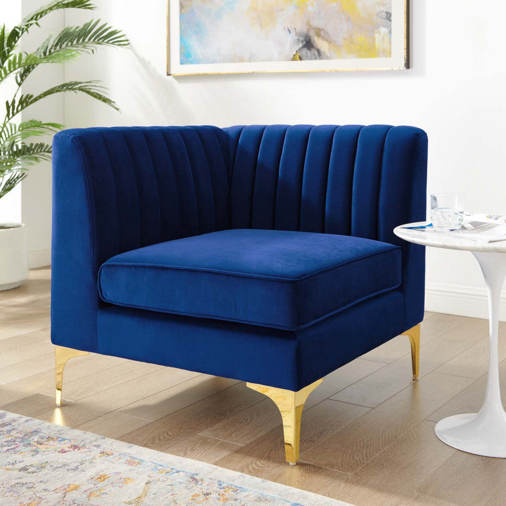Tufted Sofa Corner Chair, Velvet, Blue Navy, Modern, Living Lounge Hospitality