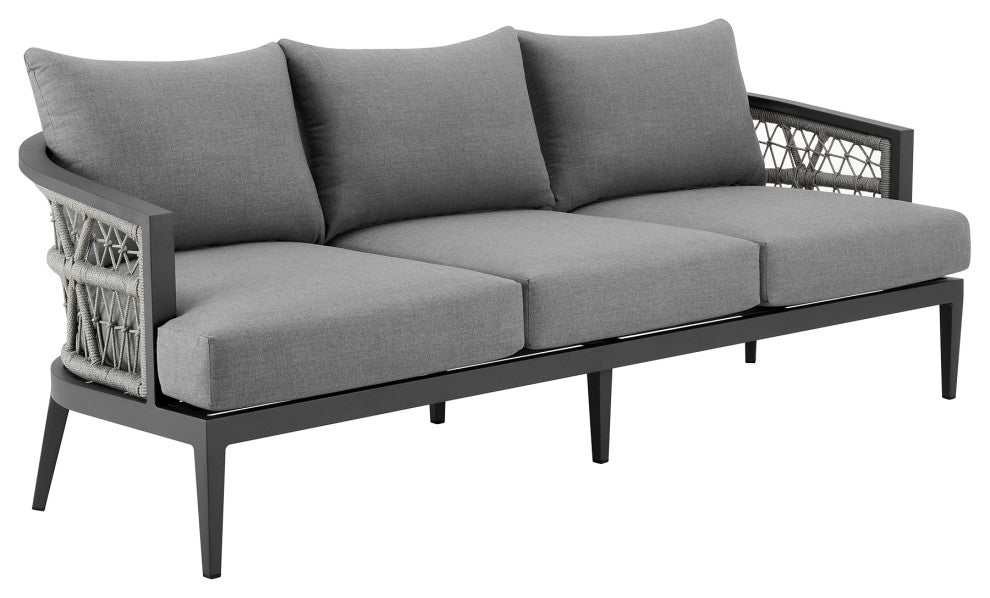 Zella Outdoor Patio Sofa, Aluminum With Light Gray Rope/Earl Gray Cushions