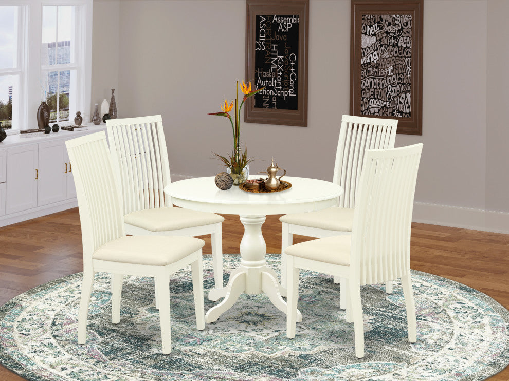 5 Pc Dining Set, Linen White Small Table, 4 Linen White Chairs For, Linen White