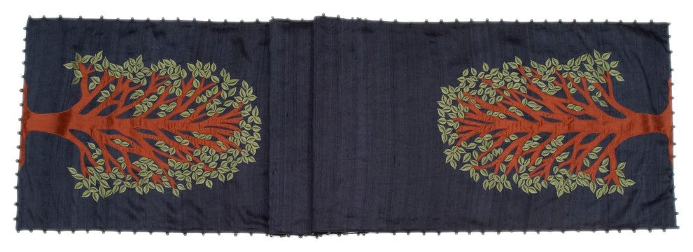 Tree of Life Table Runner in Ivory Silk, Navy Silk