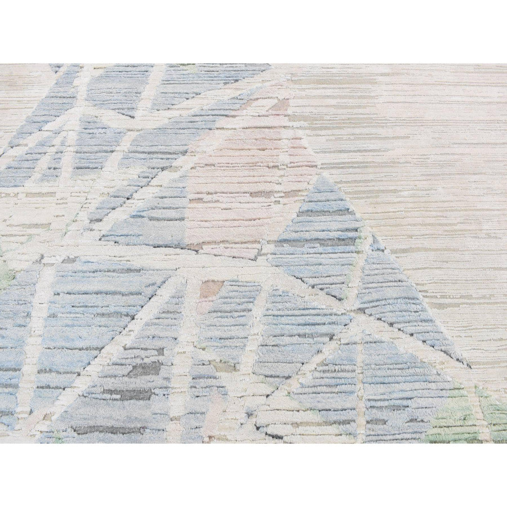 Ivory Modern Abstract Design Pure Silk With Wool Hand Knotted Rug 9'x12'