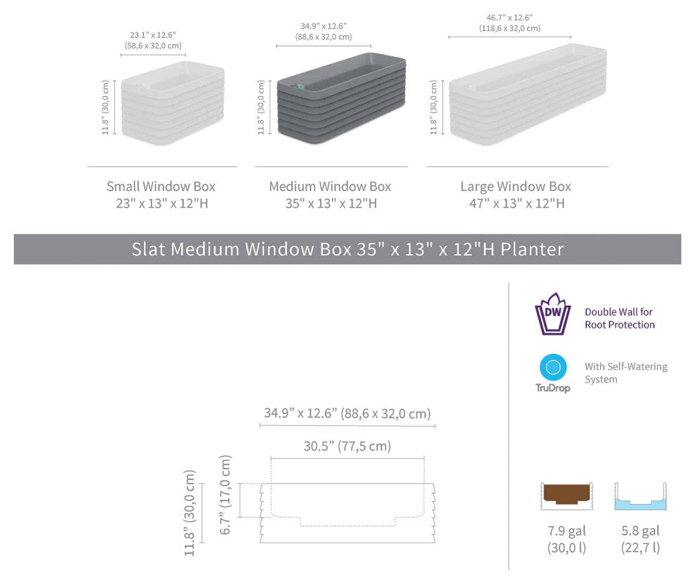 TruDrop Slat Medium Self Watering Windowbox, 35"x13"x12"H, Midnight Blue