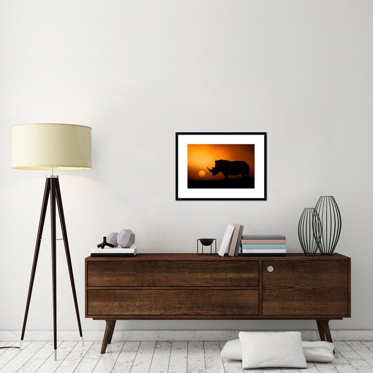 "Rhino Sunrise" Framed Digital Print by Mario Moreno, 30x22"