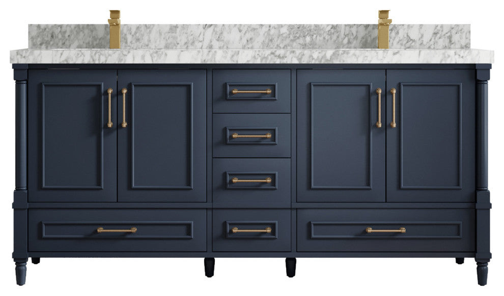 Aberdeen 72 Double Sink Bath Vanity in Hale Navy Blue  2" Carrara Marble