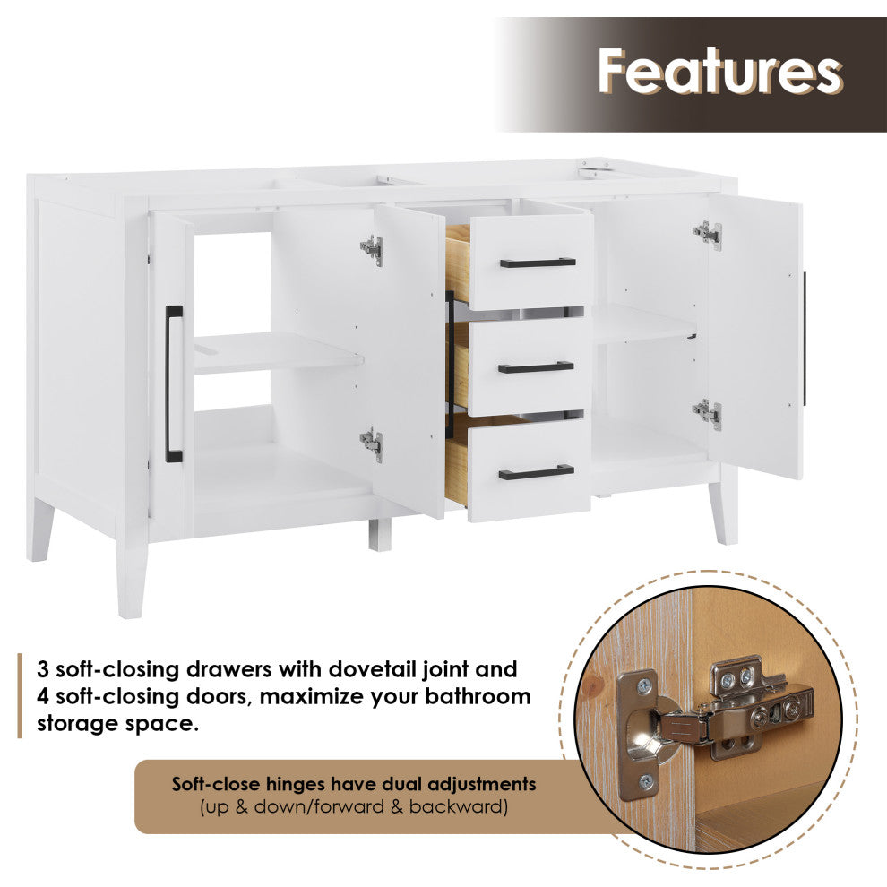 Laurel Bathroom Vanity with Calacatta White Quartz Stone Countertop, White, 60", Without Mirror