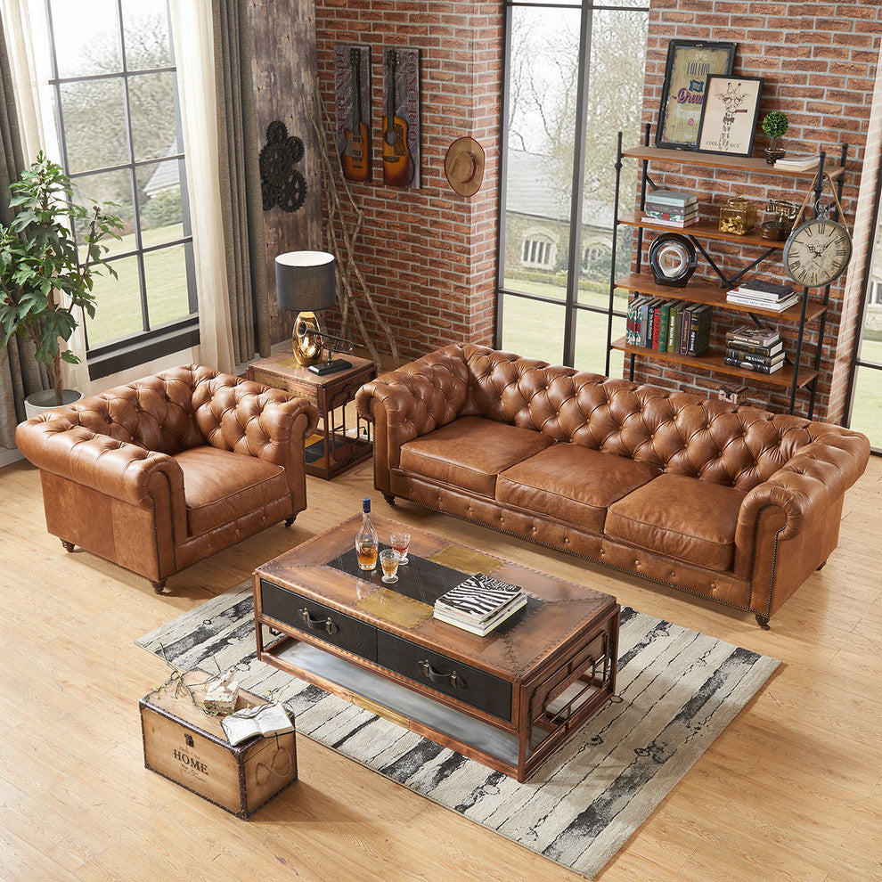 Leather Chesterfield Arm Chair, Light Brown