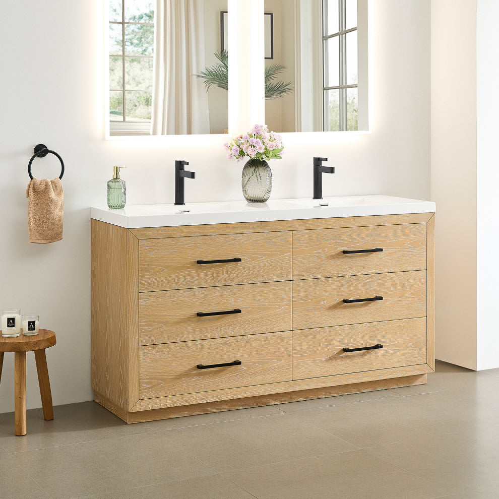 Sigrid Bathroom Vanity, White Oak, 60", No Mirror