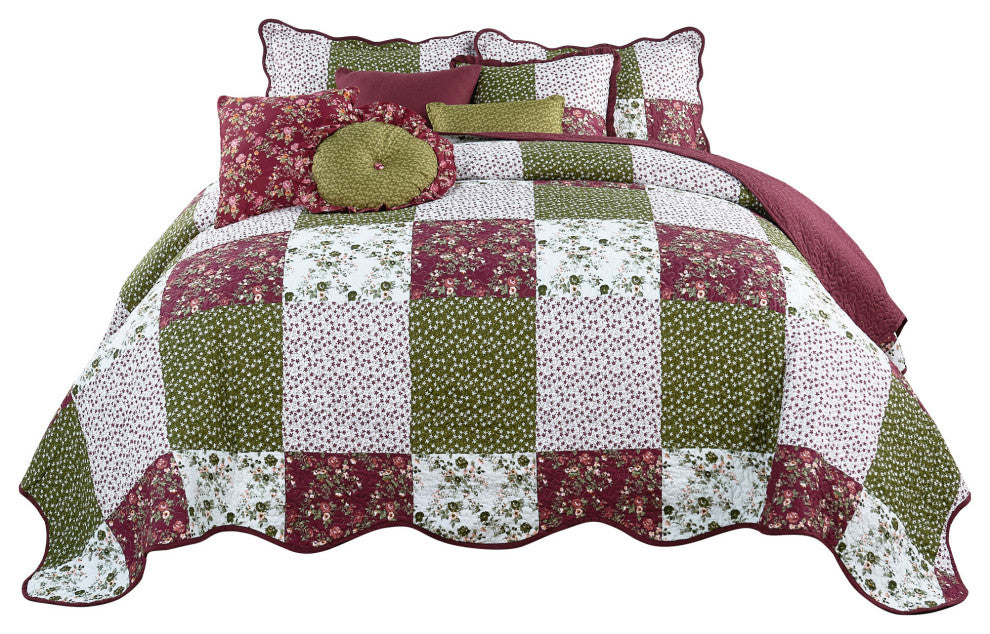 Patchwork Quilted 8-Piece Bed Spread Coverlet Set, Burgundy, Queen