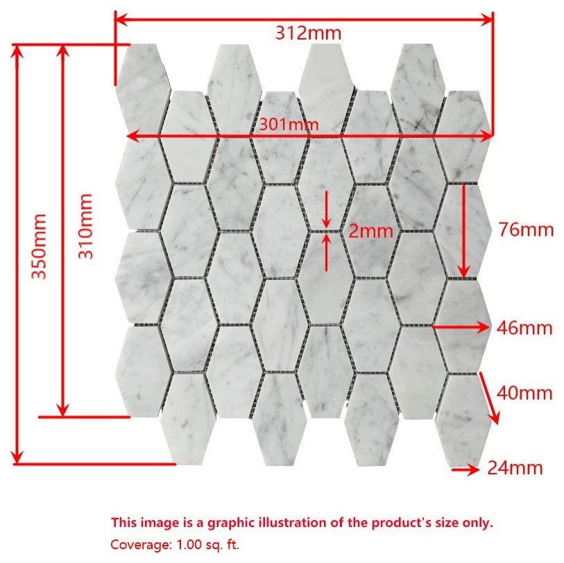 Calacatta Gold Marble 1-1/4x3 Elongated Hexagon Mosaic Tile Polished, 1 sheet