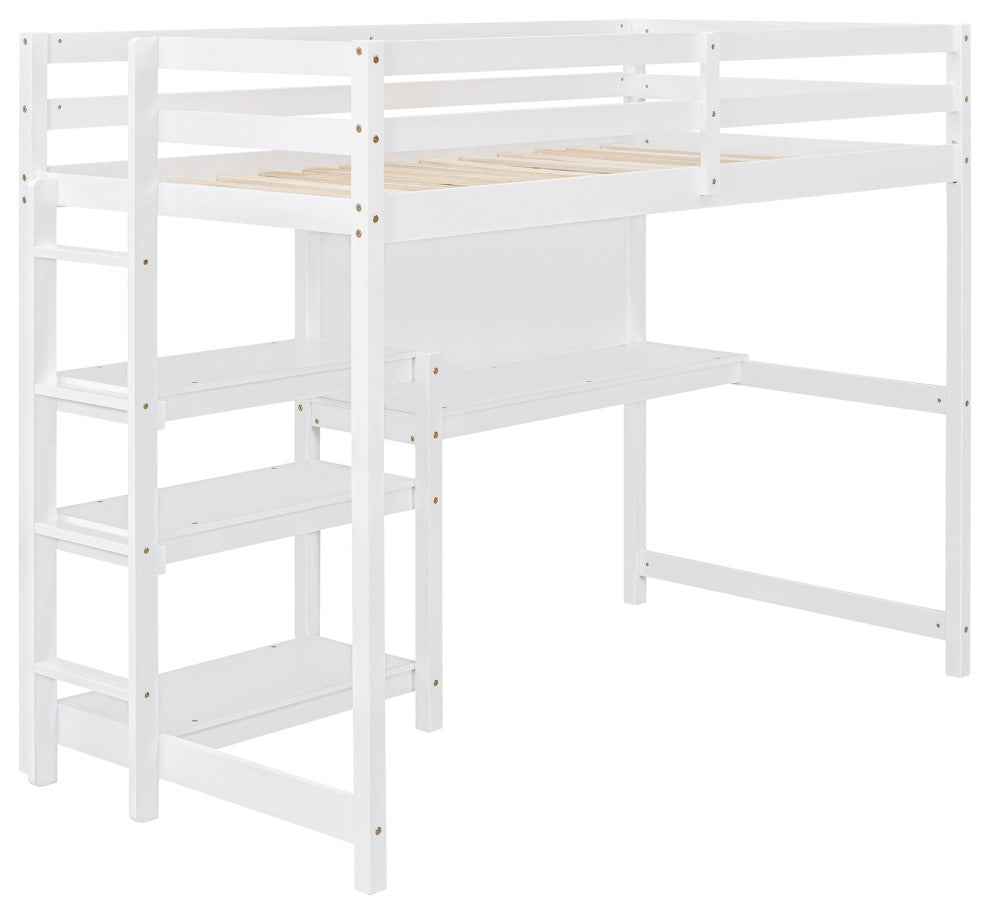 Gewnee Twin Size Wooden Loft Bed with Shelves in White