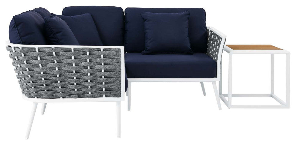 Lounge Sectional Sofa Chair Table Set, Navy White, Aluminum, Modern, Outdoor