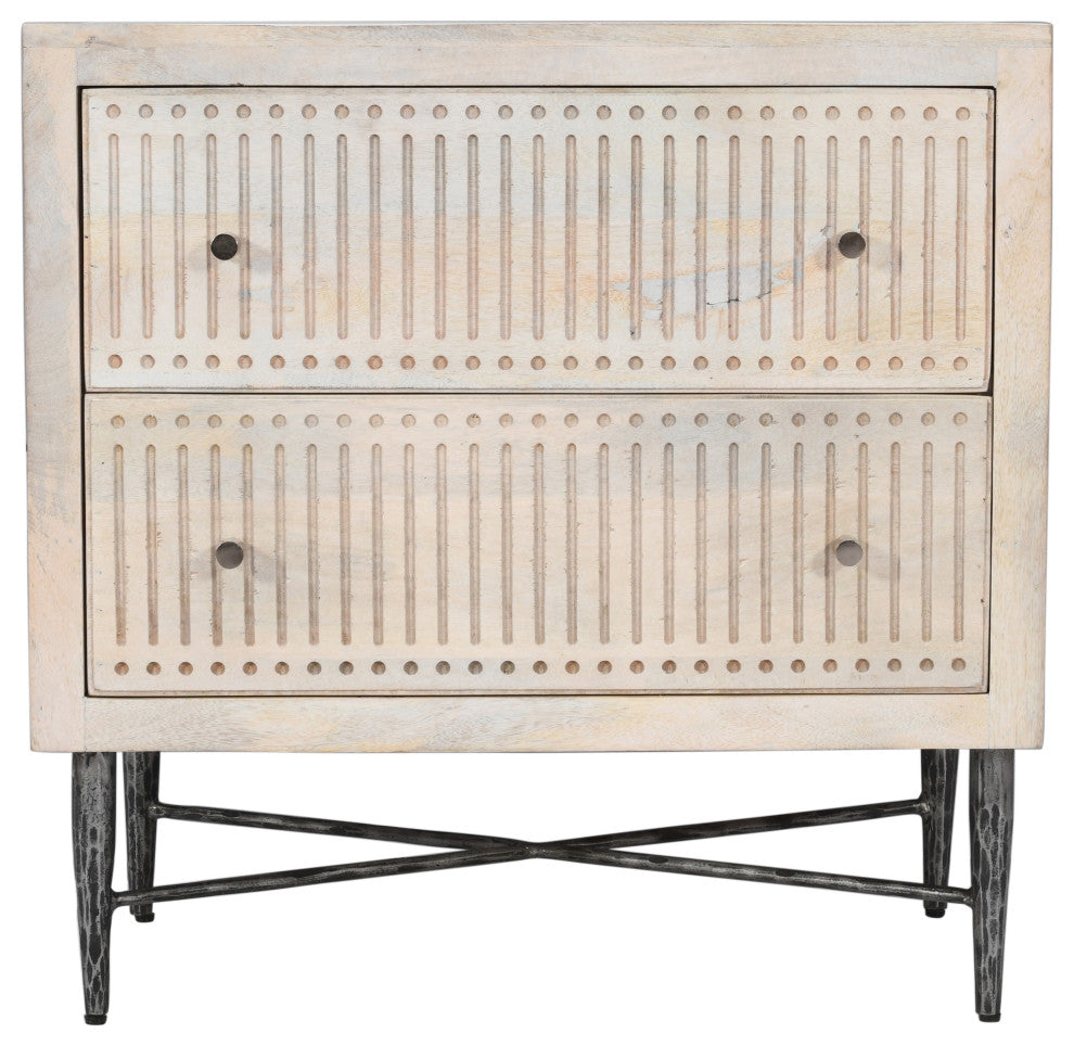 Sarah 2 Drawer Nightstand, Mango Solid Wood Brushed Ivory Finish on Iron Base