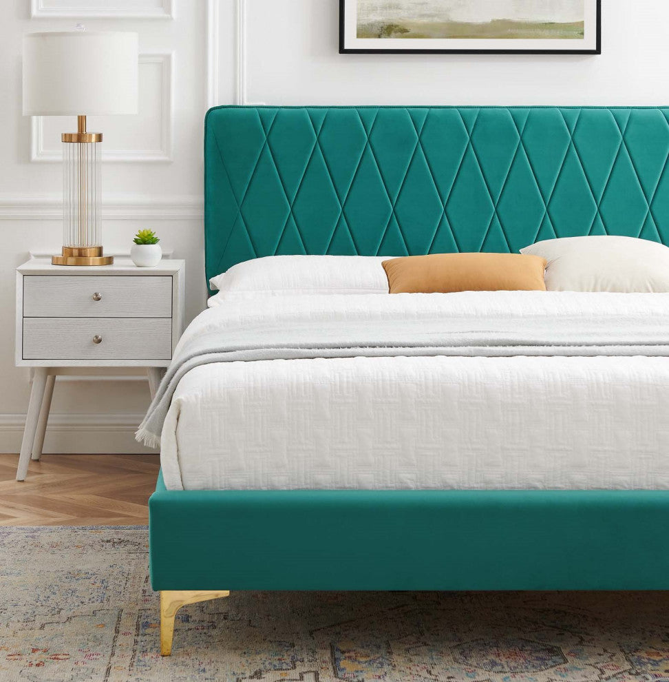Platform Bed Frame, King Size, Velvet, Teal Blue, Modern Contemporary, Bedroom