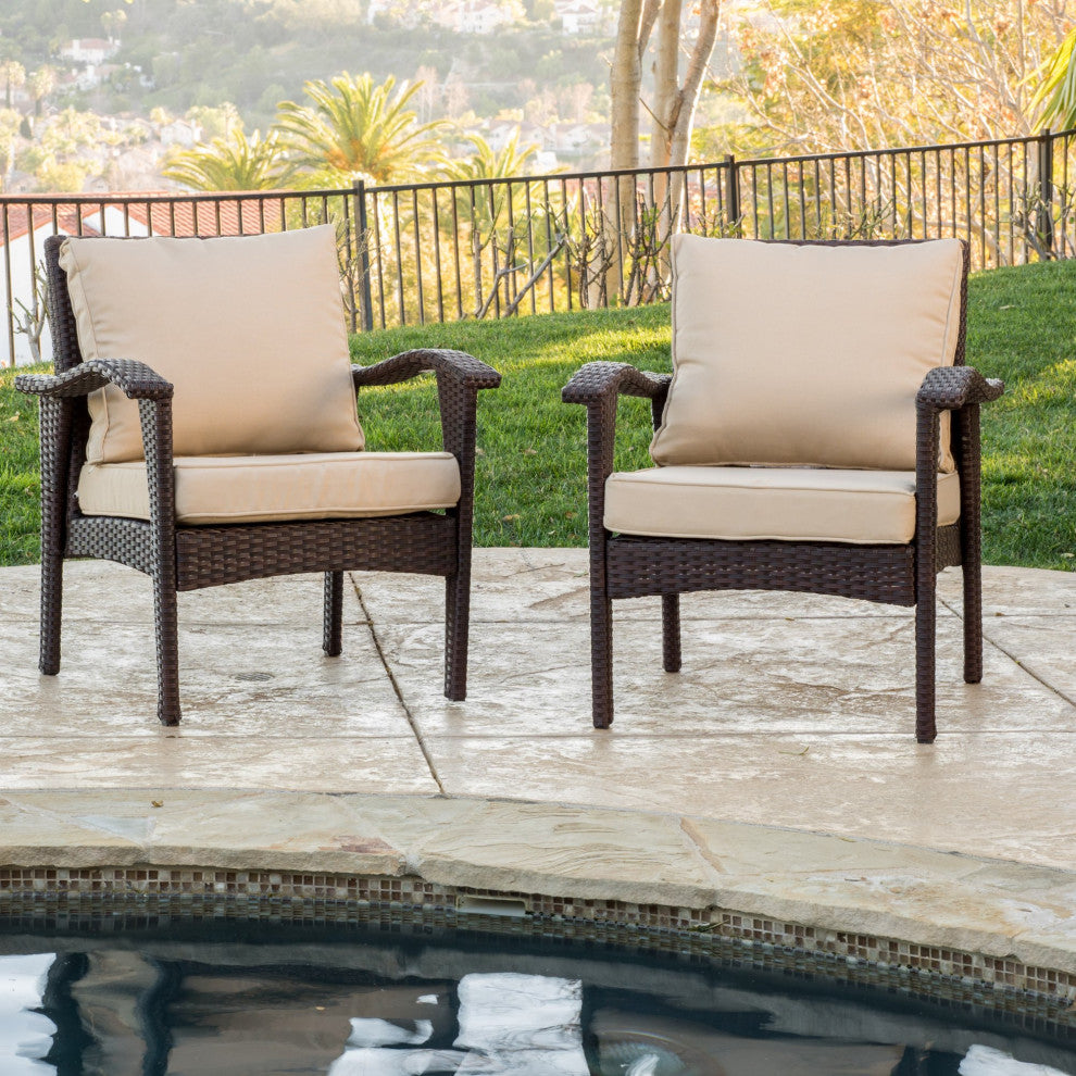 Set of 2 Outdoor Wicker Club Chairs, Brown, Tan Cushions, Curved Arms