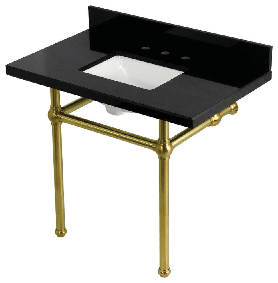 KVPK3630KBSQ7 36" Black Granite Console Sink with Brass Legs
