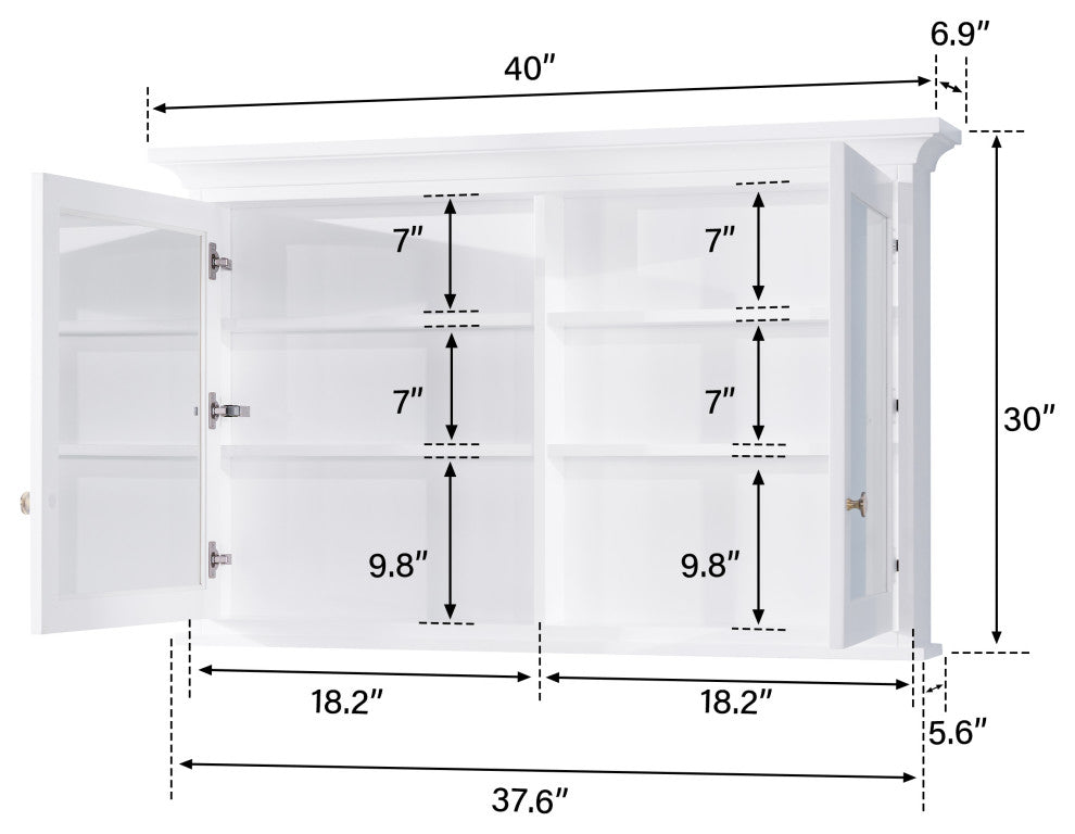 Handmade Solid Wood Medicine Cabinet with Ample Storage Space in White, 40"x30" Double Doors