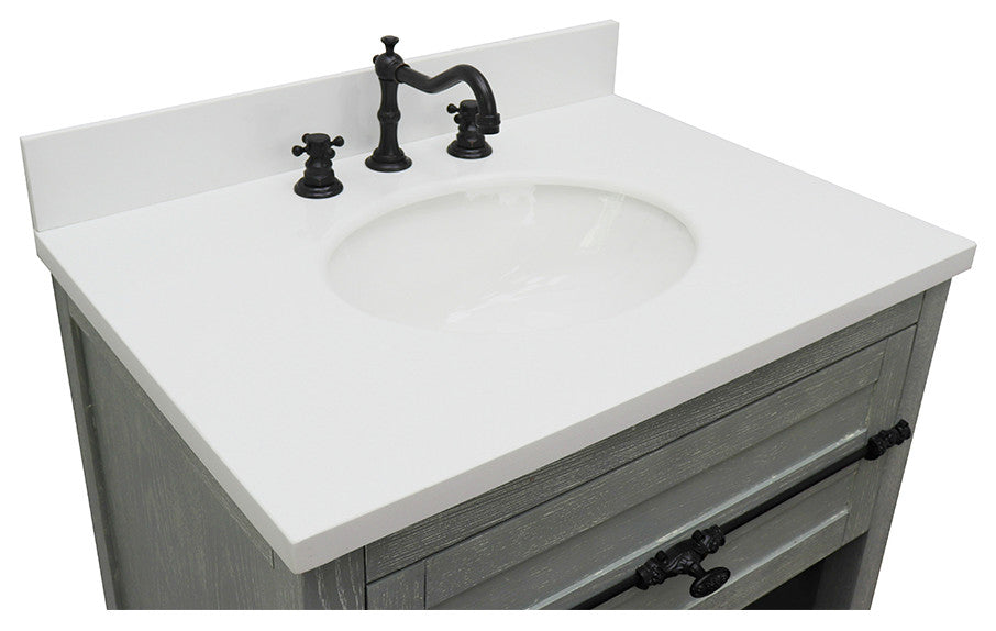 30" Single Vanity, Gray Ash, White Engineered Stone Top, Oval Sink