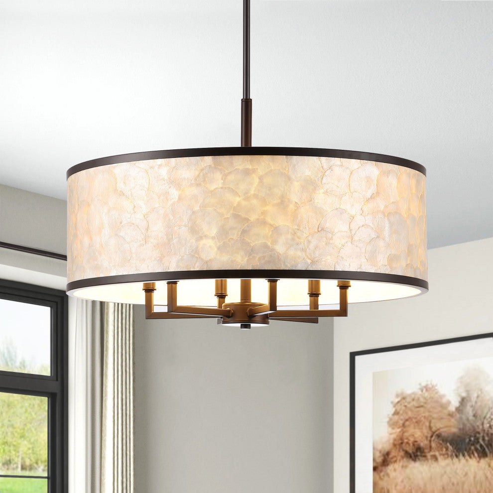 GetLedel 24-inch 6-Light Capiz Shell Drum Chandelier, Oil Rubbed Bronze