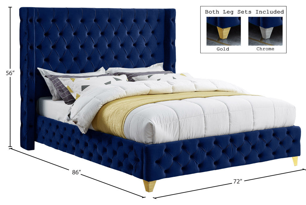 Savan Velvet Upholstered Bed, Navy, Queen