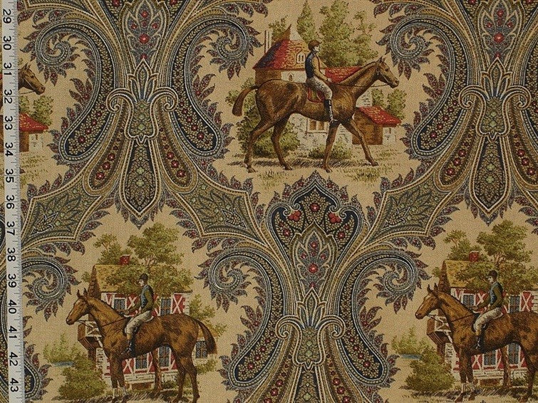 Horse Jockey Fabric Paisley Blue Toile, Sample Cut
