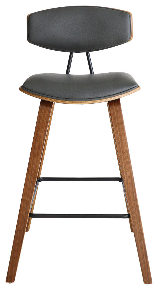 Fox 30" Mid-Century Bar Height Barstool in Gray Faux Leather With Walnut Wood