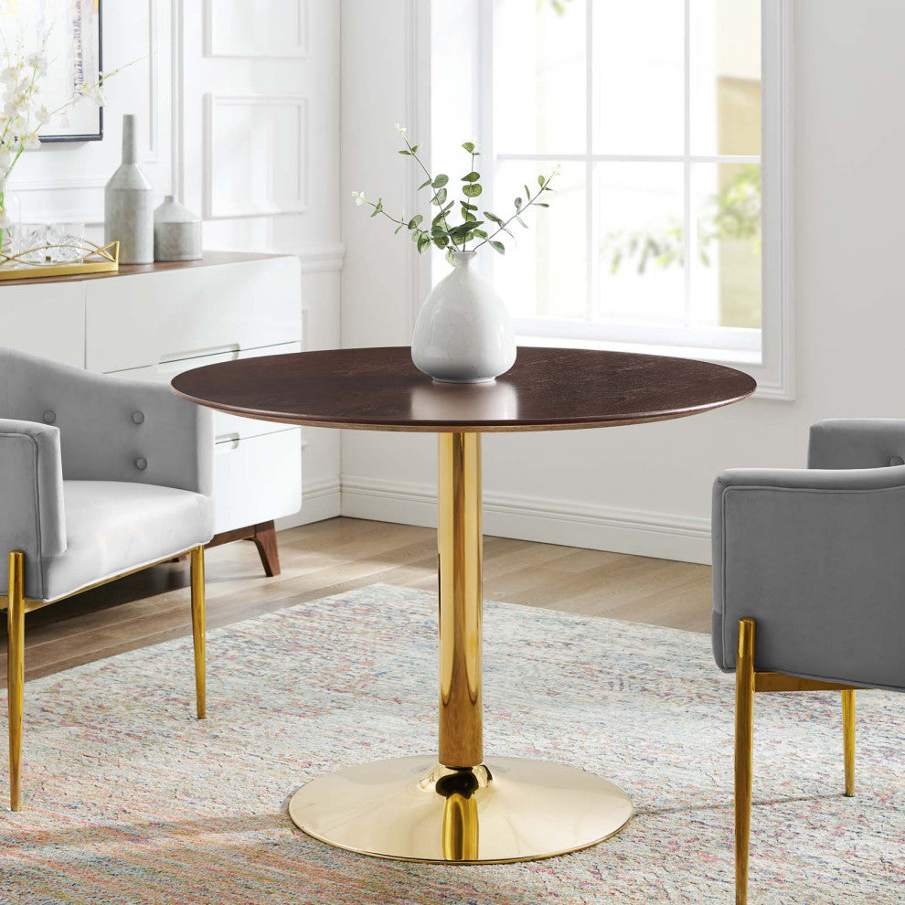 40" Dining Table, Round, Gold Walnut, Metal, Modern Cafe Bistro Hospitality