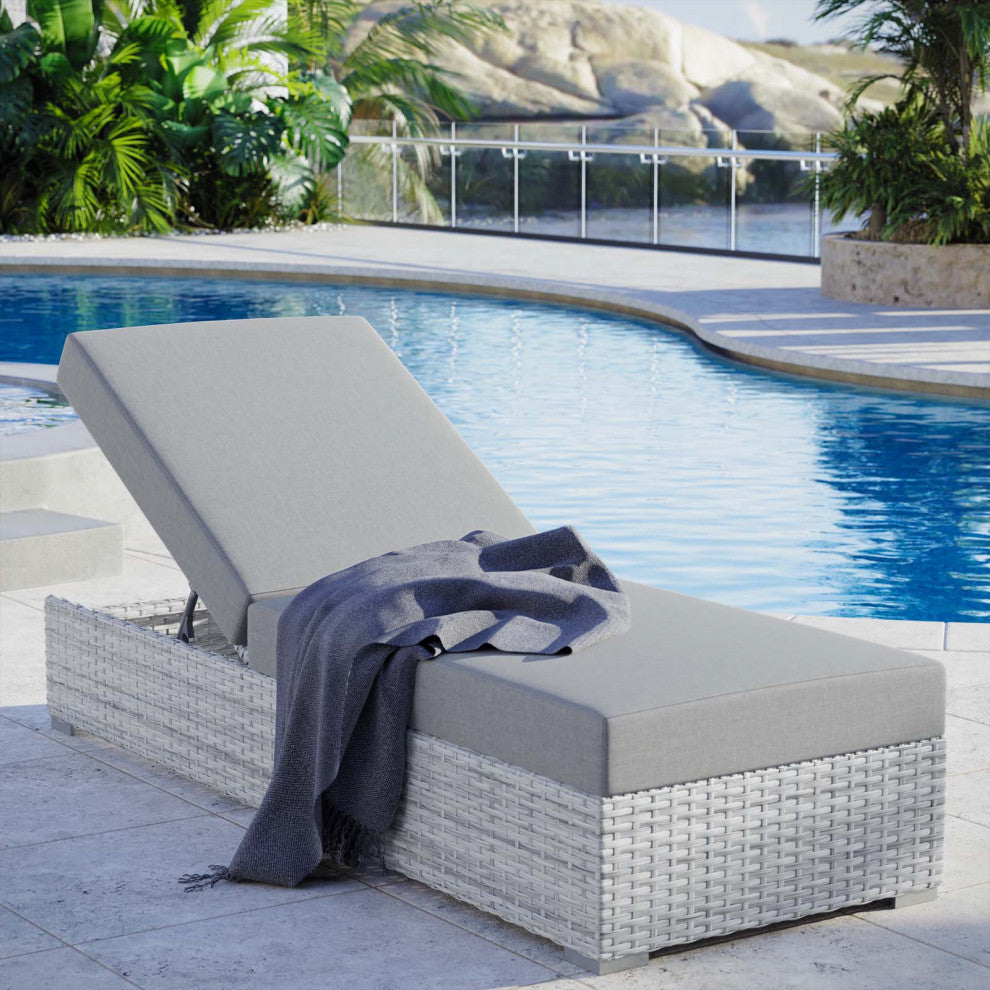 Lounge Chair Chaise, Rattan, Wicker, Gray, Modern, Outdoor Patio Bistro