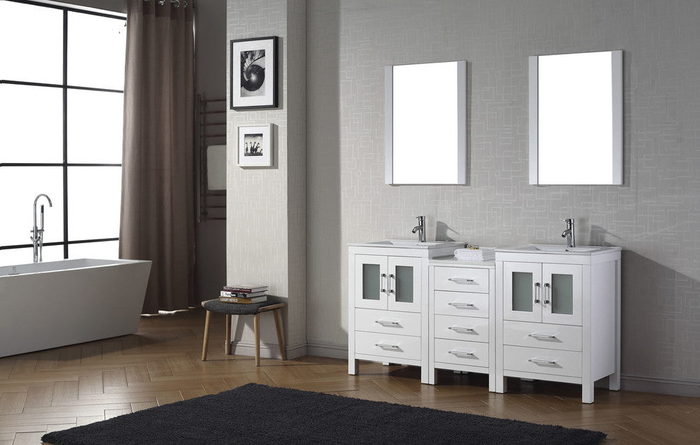 Virtu Dior 66" Double Bathroom Vanity, White, Polished Chrome Faucet, Mirrors