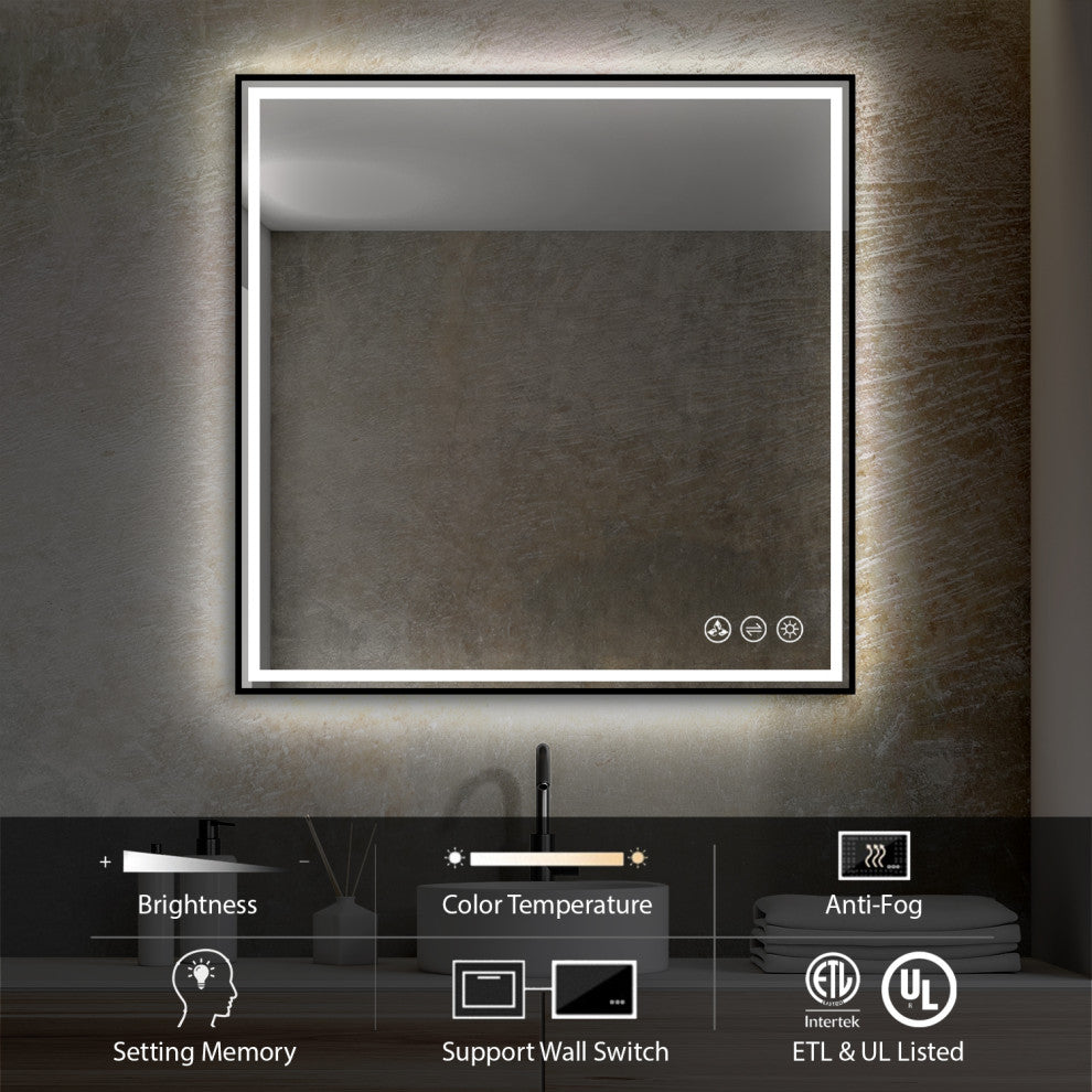 Fogless, Dimmable, Color Temperature Adjustable LED Mirror, Matte Black, 36x36