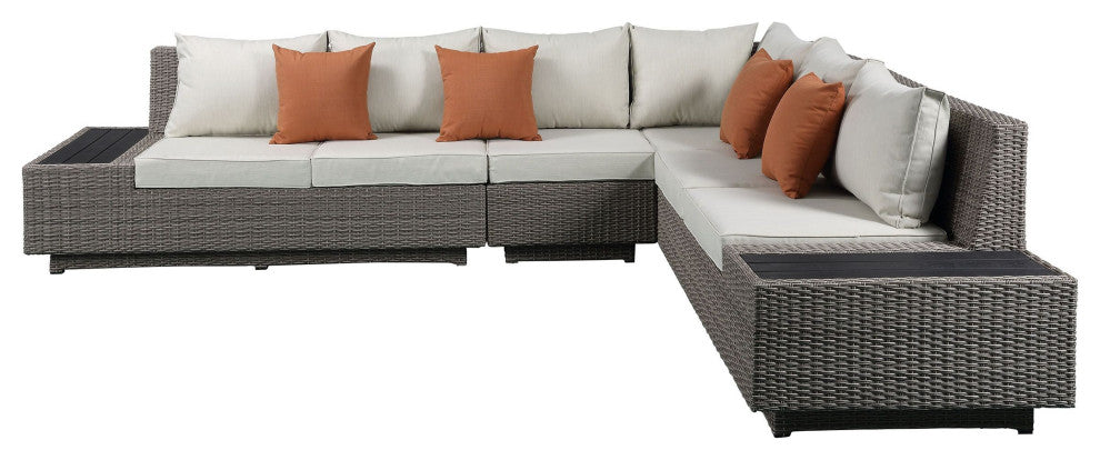 Benzara BM214890 7 Piece Patio Sectional Sofa Set With Plinth Base, Gray/Beige