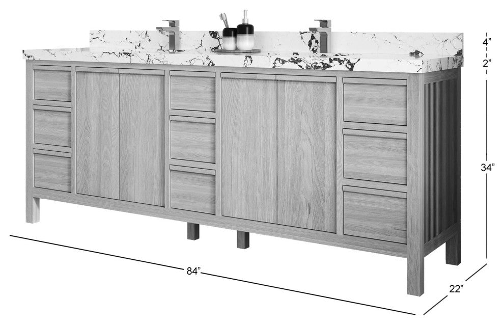 Elizabeth Oak 84" Double Sink Vanity, White 1.5" Calacatta Laza