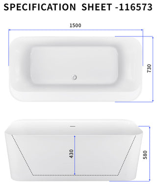 59" Acrylic Roll-Top Flatbottom Non-Whirlpool Bathtub, White