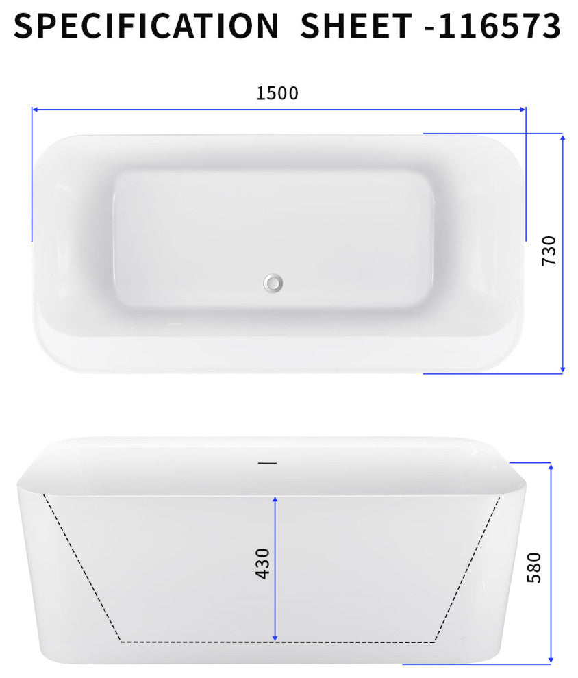59" Acrylic Roll-Top Flatbottom Non-Whirlpool Bathtub, White