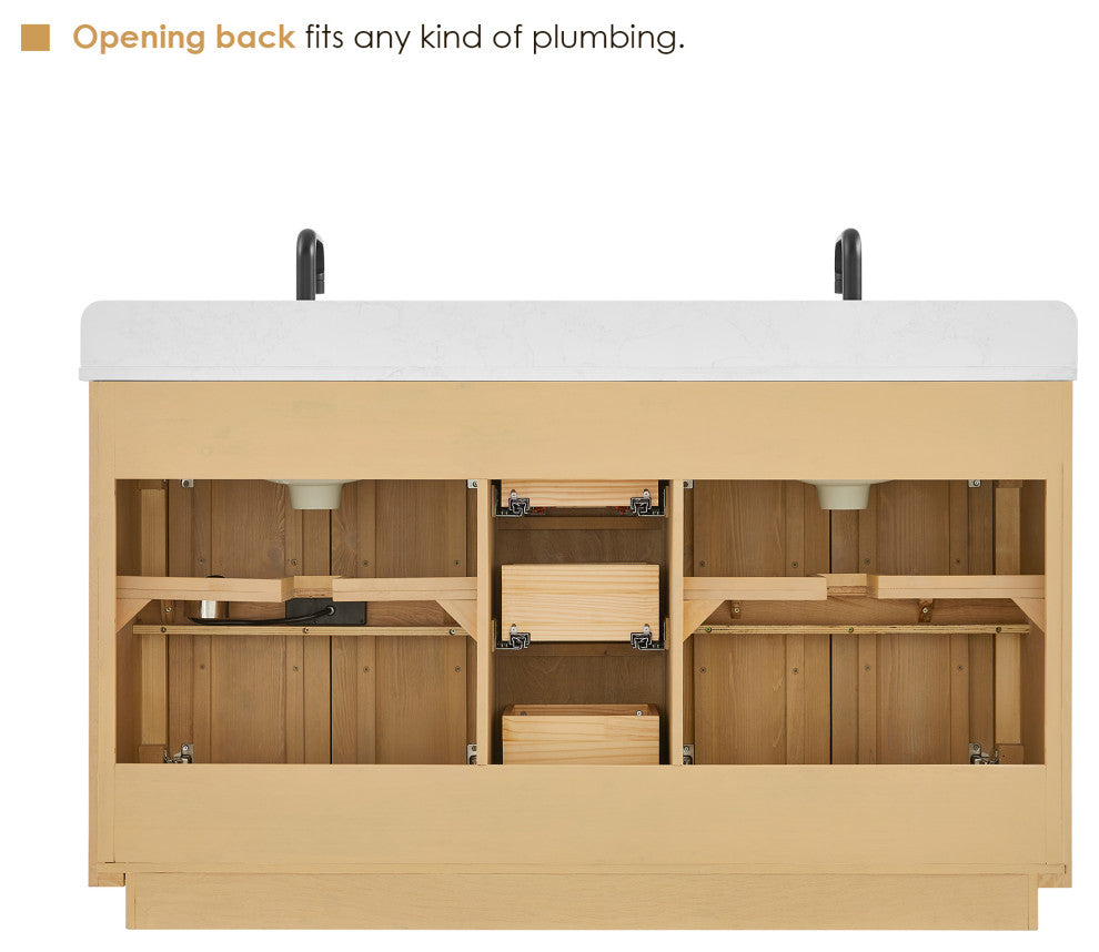 Clayton Bathroom Vanity, Washed Light Brown, 60", No Mirror