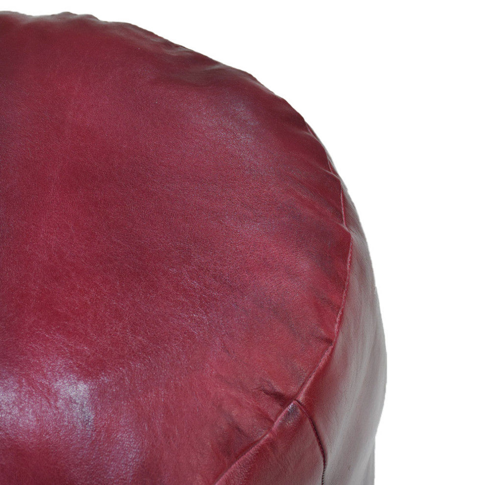 Pouf-Solid Handmade Leather Pouf (Recycled Foam with Fiber Fill), Dark Pink, (Round)18x18x18
