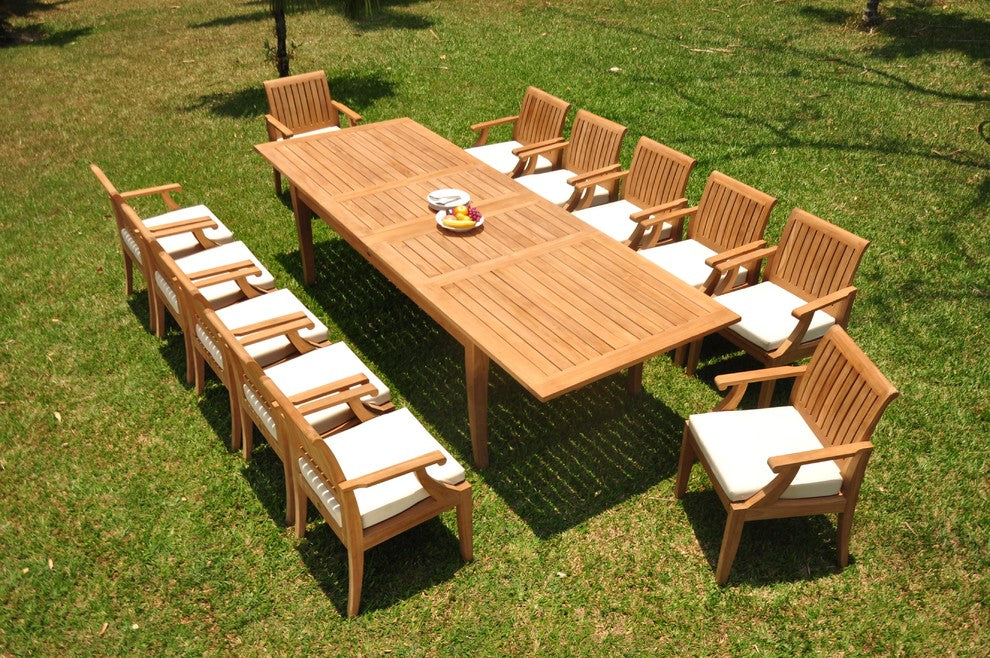 13-Piece Outdoor Teak Dining: 122" X-Large Rectangle Table, 12 Lagos Arm Chairs