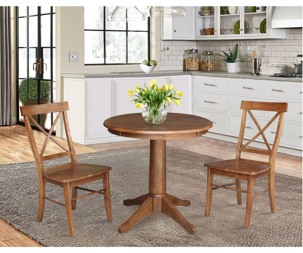 30" Round Top Pedestal Table With X-Back Chairs, 3-Piece Set, Distressed Oak