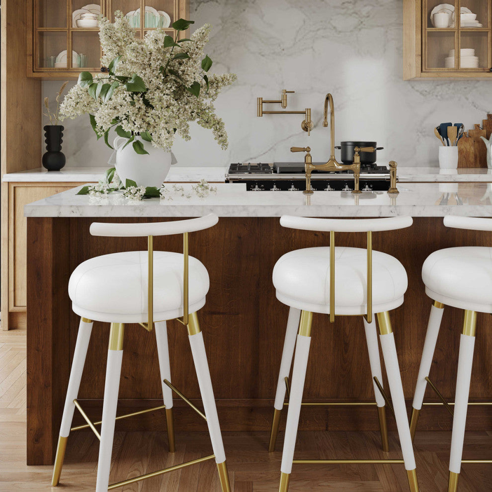 Dolores White Faux Leather Counter Stool, Tufted Gold Round Seat Barstool, Bar Stool