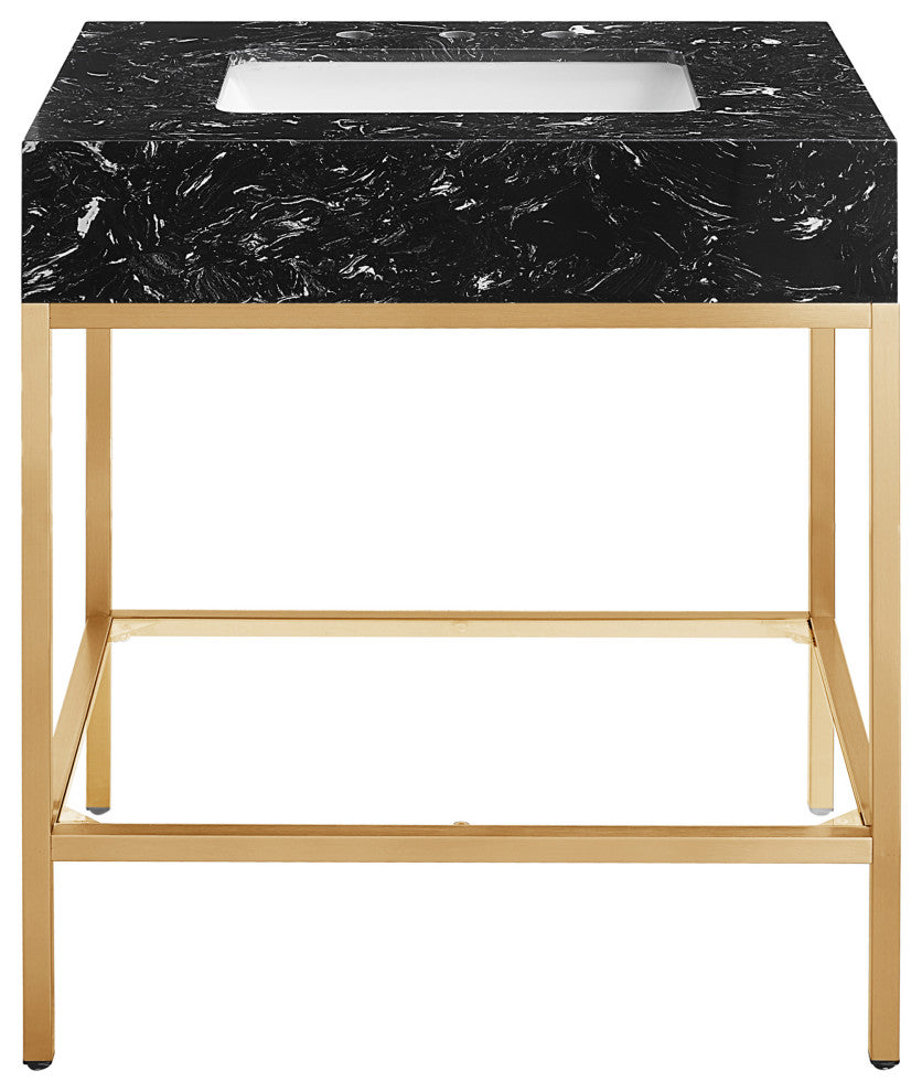 Marmo Bathroom Vanity, Black, 30" Wide, Brushed Brass Finish