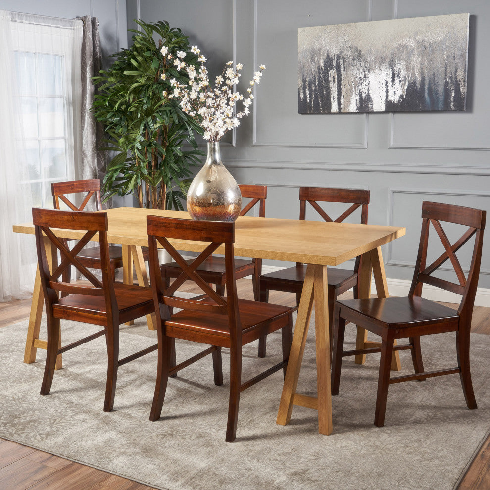 GDF Studio 7-Piece Sambora Farmhouse Dining Set With Rich Mahogany Chairs, Natural Oak