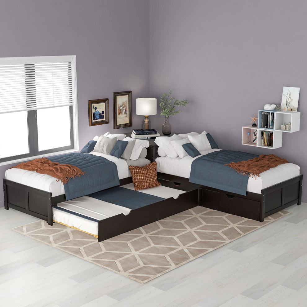 Twin Wood Frame Platform Bed with Trundle and Drawers Linked with built-in Desk,