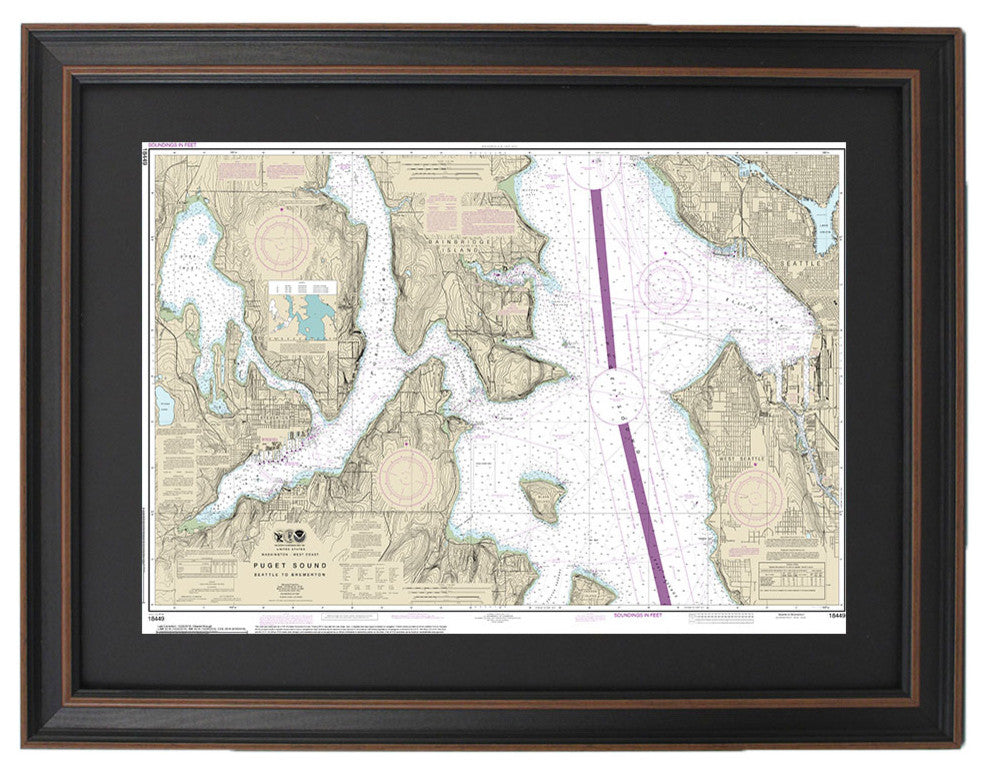 Poster Size Framed Nautical Chart; Puget Sound, Seattle to Bremerton