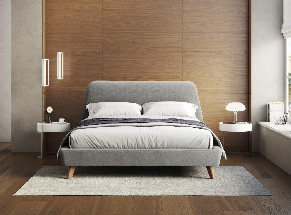 Henry Mid-Century Modern Upholstered Platform Bed, Light Gray, Queen