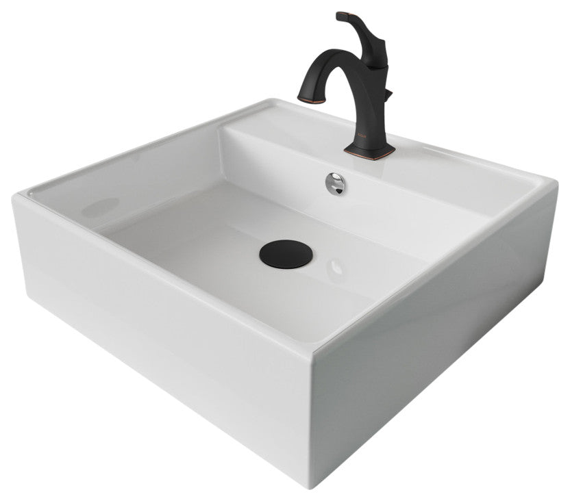Elavo Square Ceramic Vessel Sink, Bathroom Arlo Faucet, Drain, Oil Rub Bronze