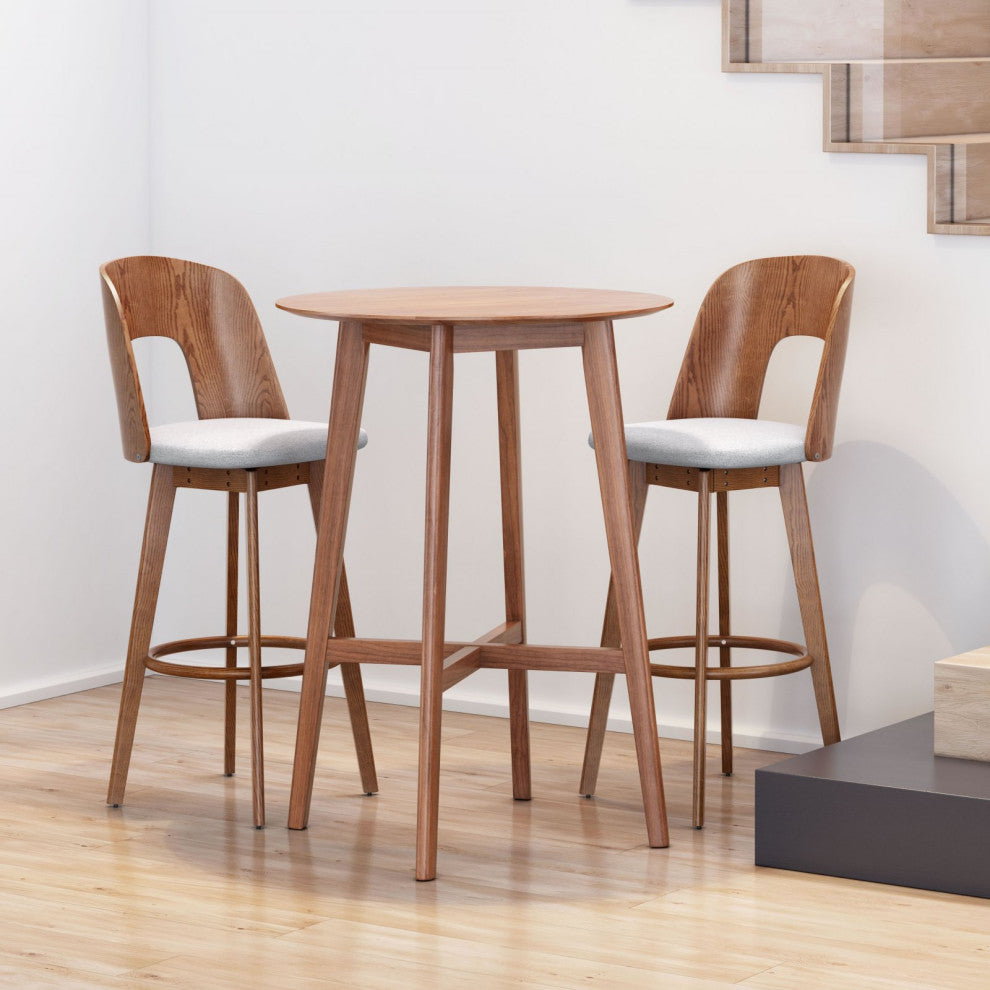 Bar Stool Chair Barstool, Set of 2, Fabric, Wood, Walnut, Gray, Cafe