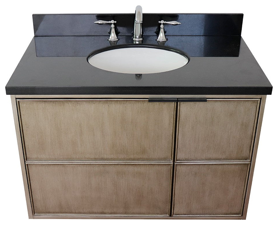 37" Single Wall Mount Vanity, Linen Brown Finish With Black Galaxy Top