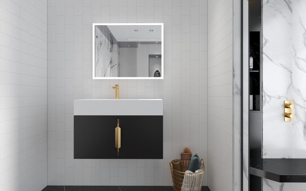 CastelloUSA Amazon 30" Left Wall Mounted Bathroom Vanity Set, Black, White Top, Gold Handles