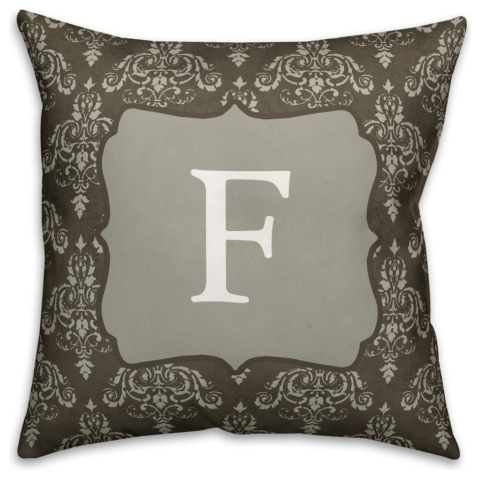 F Dark Gray Damask Monogram Spun Poly Pillow, 18x18