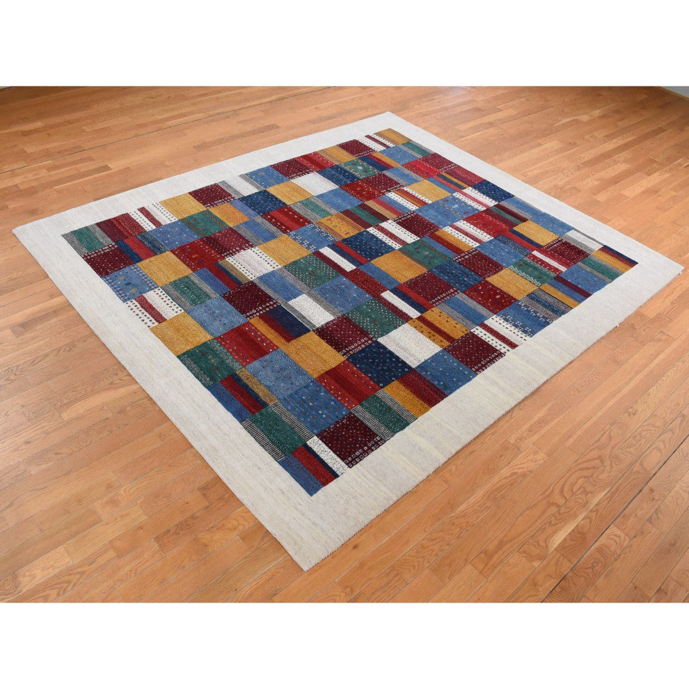 Ivory Persian Wool Hand Made Lori Buft Gabbeh Patchwork Design Rug 8'3"x9'9"